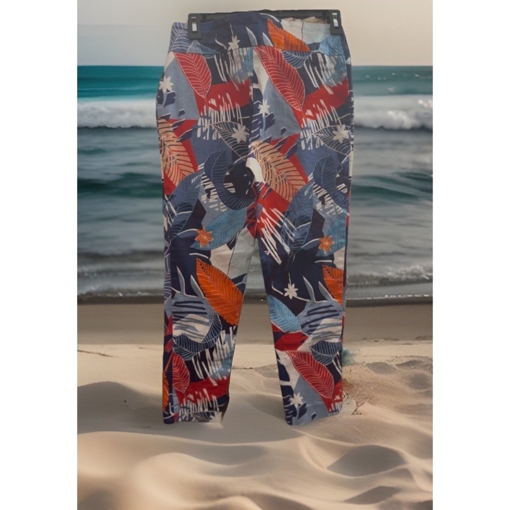 LISETTE Montreal Women Pants Sz  4 Blue White Red Palm Leaf Straight Stretch
